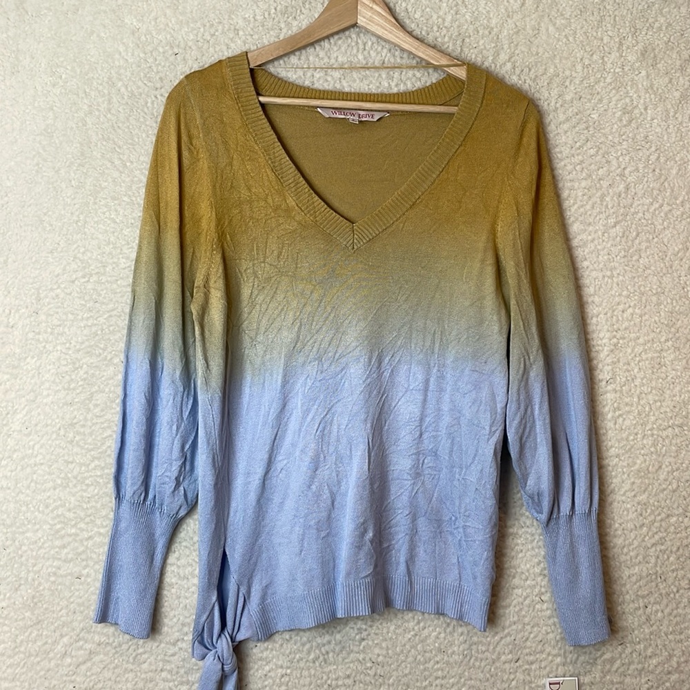 NWT Willow Drive Womens Gold Blue Dipdye V-Neck Sweater SMALL
